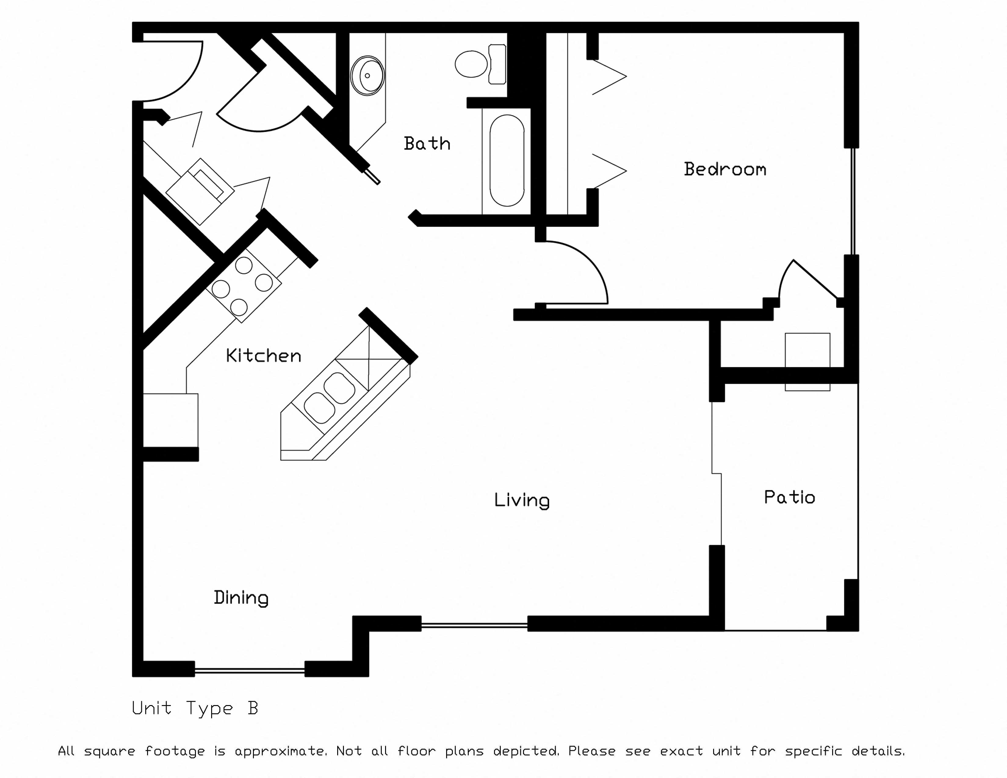 Floor plan for 1 bed, 1 bath, 818 sqft